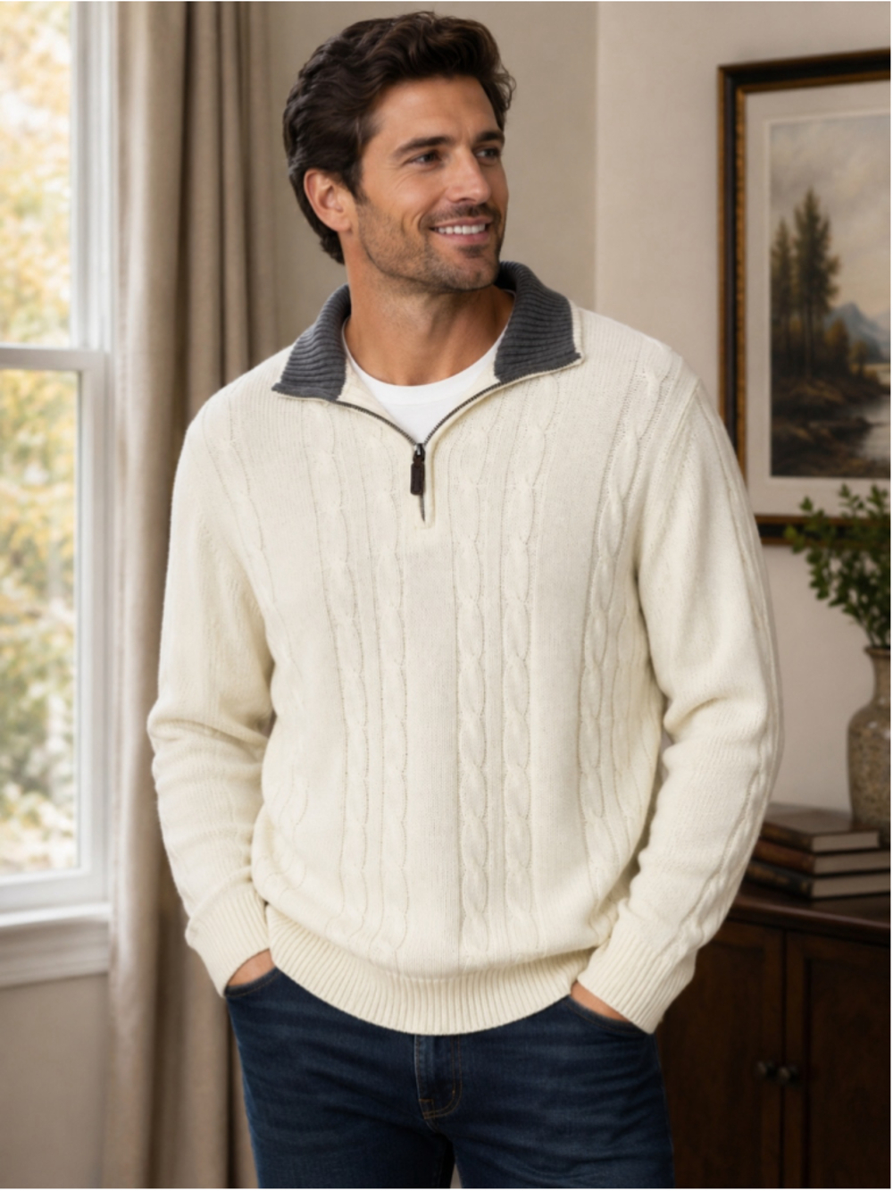 HAGGAR Off-White & Gray Cable Knit Quarter-Zip Sweater Men’s Size M